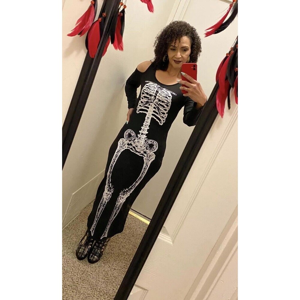 Black-Full Length-Cold Shoulder-Curve Hugging-Skeleton Body Con Dress-Small-Used